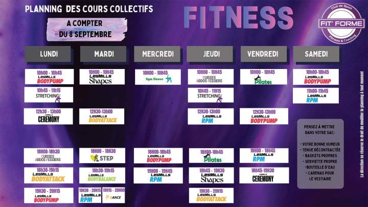 planning des cours collectifs fitness