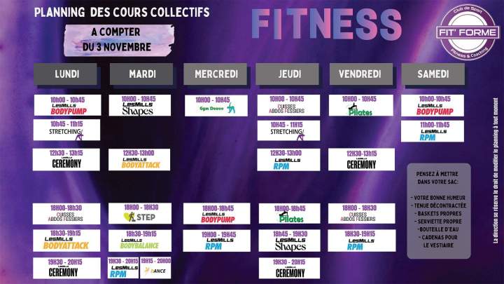 planning des cours collectifs fitness