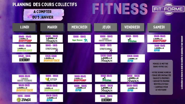 planning des cours collectifs fitness