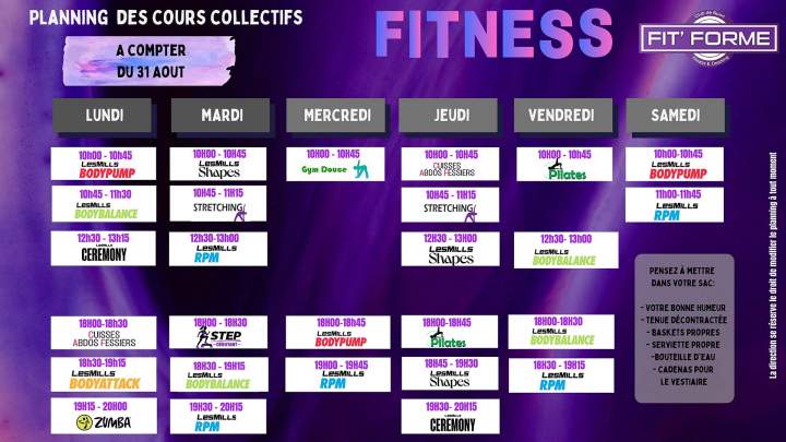 planning des cours collectifs fitness
